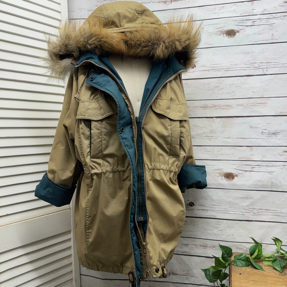 90s Tan Teal Trim London Fog Cinch Parka Coat Removable Faux Fur Hood Petite XS